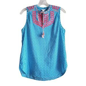 J CREW Women 2 Embroidered Top Sleeveless Tassel Tie Front Keyhole Turquoise 34"